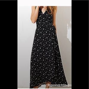 Loft True Wrap Black & White Small Floral Print  Maxi Dress  Size XS